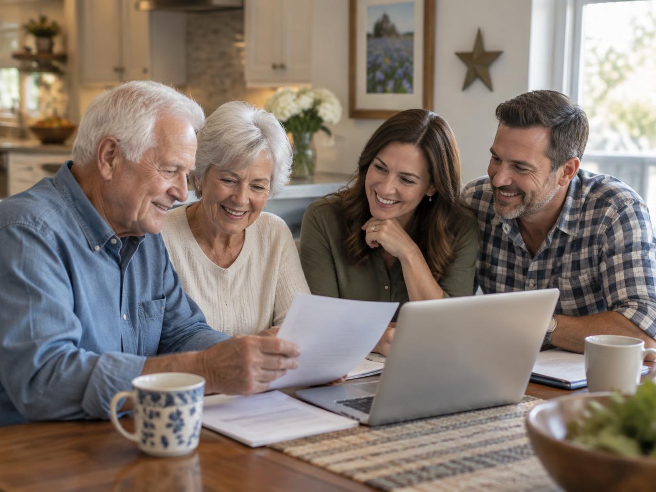 An older couple reviewing options with their adult children at a kitchen table