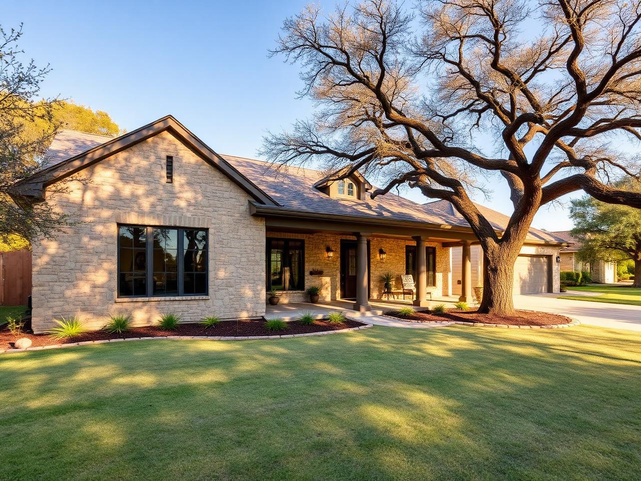 Single-story Texas home with a wide covered patio and mature oak trees
