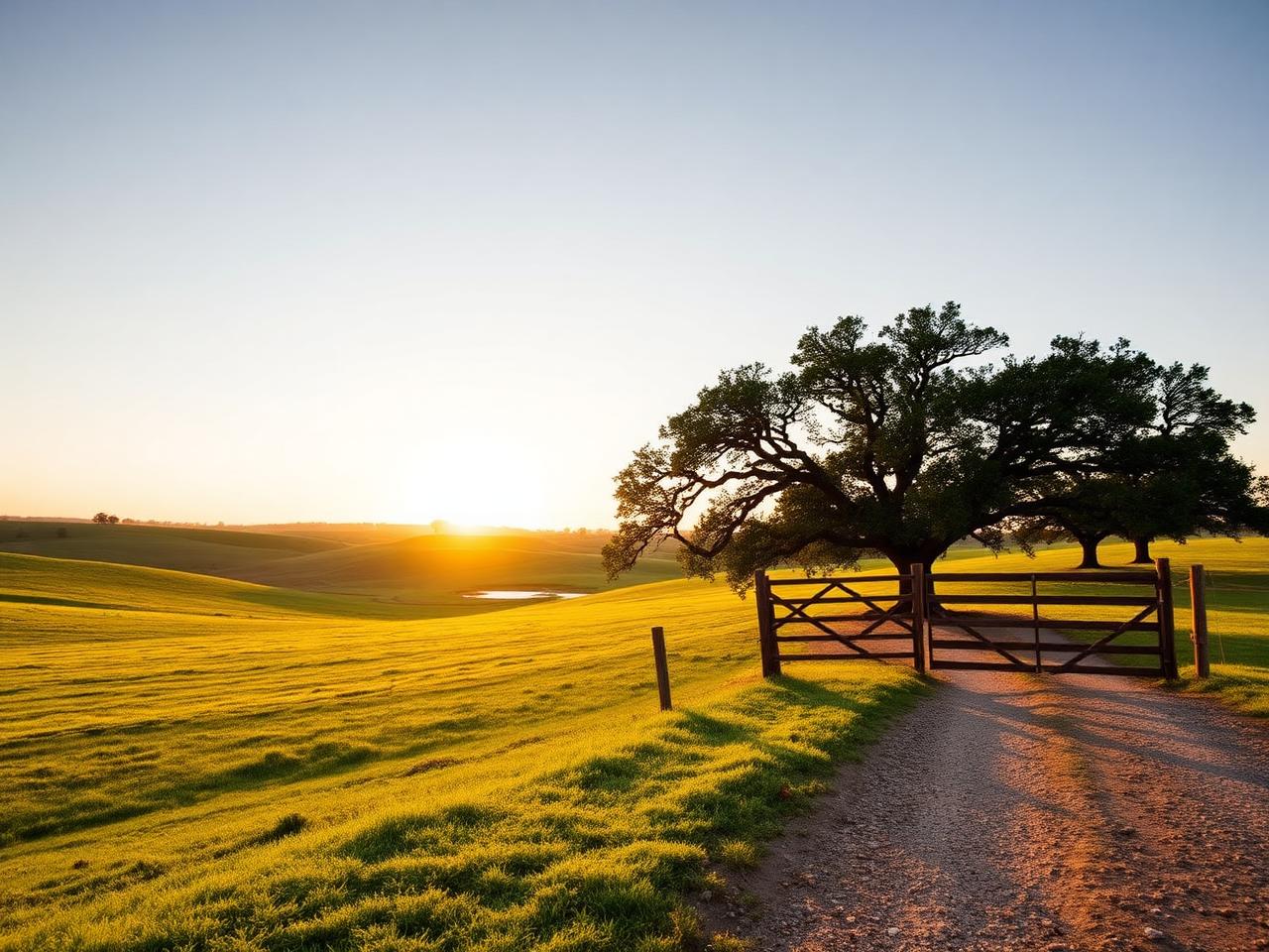 Texas ranch land at sunrise with a wooden gate and live oak trees