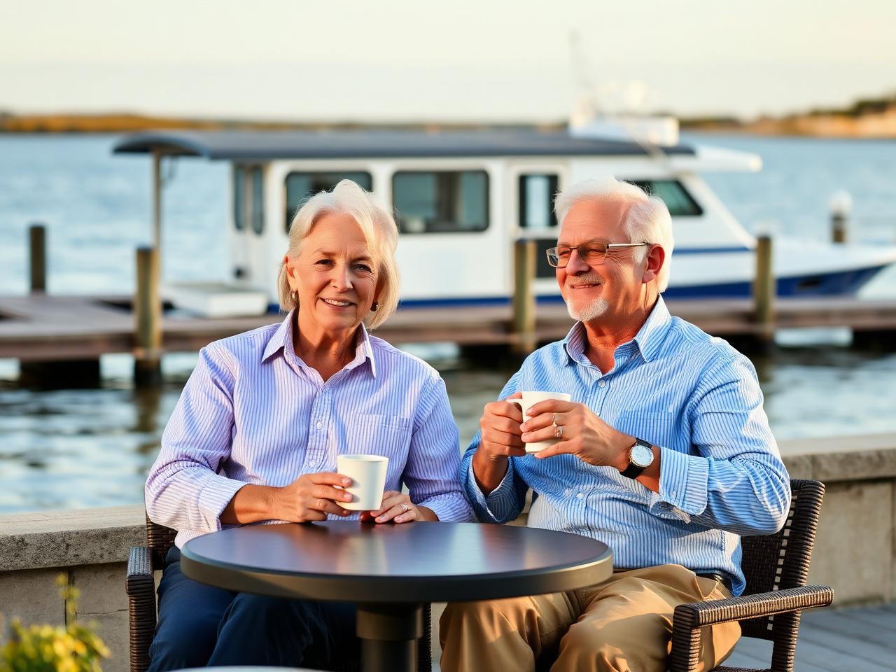 A couple relaxing with coffee on a waterfront patio beside a boat dock